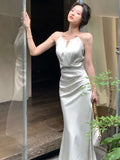 New Summer Stain Women Midi Dress Elegant Sleeveless Solid Halter Slim Mermaid Evening Party Dresses Prom Robe One Piece Vestido