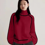 Bjlxn 2024 Autumn/Winter New Loose Fit Turtleneck Pullover Sweater for Women, Striped Academy Style, Korean and Japanese Fashion