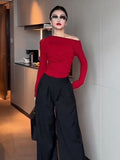 2023 Slim White Tshirt Black Red Woman T-shirt Sexy Plain Clothing Off Shoulder Top for Women Aesthetic Korea Stylish Funny Tee