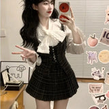 Bjlxn Autumn Korean Retro Sweet 3 Piece Set Women White Shirt + Strap Vest + Pleated Skirt Design College Style Fashion Y2k Suit 2024