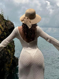 Bjlxn - Long Sleeve See Through Backless Mini Dress Women Summer 2023 Holiday Drawstring Bodycon  Beach Vacation Sexy Dresses