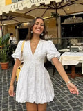 Bjlxn Ladies Solid Embroidered Short Style Elegant Summer Dresses Women White Casual Streetwear Mini Dress Female Robes Femme Vestidos