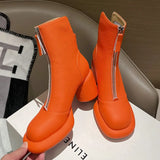 Bjlxn 2024 New Women Ankle Boots Basic Genuine Leather Zipper Round High Heels Platforms Ladies Shoes Black Beige Orange