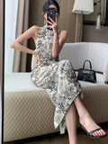 Bjlxn Summer New Vintage Print Sleeveless Midi Dresses for Women Fashion Slim Female Vestdios Lady Elegant Party Bodycon Clothing