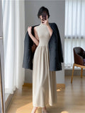 Bjlxn Spring Summer New Casual Elegant Sleeveless Knitted Midi Dress Slim Elegant Ladies  Robe