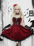 Bjlxn Christmas Gothic Red Dress Women Y2k E-girl Aesthetic Hotsweet Lace Patchwork Spaghetti Strap High Waist Velvet Dress