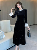 Bjlxn Woman Spring Summer New Elegant Velvet Patchwork Midi A-line Dresses Long Sleeve Lady Party Fashion One Piece Robe