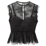 Bjlxn  Woman Black Patchwork Lace Blouse For Women Autumn Lady Sleeveless O-Neck Vest Crop Corset Tank Top Elegant Sexy Shirt