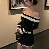 Bjlxn Elegant Slash Neck Knitted Dress Women Long Sleeve Bodycon Mini Dresses Korean Fashion Autumn Winter New Slim Casual Vestidos