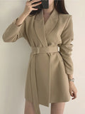 Bjlxn Women Korean Elegant Blazers With Belt Spring Vintage Notched Lapel Slim Solid Outerwear Office Lady Casual Coats Mujer Clothes