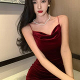 Bjlxn Vintage Sexy Club Prom Red Dresses for Women Spaghetti Strap Slit Velvet Dress Beach Bandage Bodycon Midi Dress Party Elegant