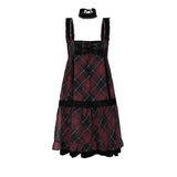 Bjlxn Gothic Plaid Spaghetti Strap Dress Women With Necklace Sleeveless Summer Sexy Lace Up Sling Lady Street Vestidos Y2k