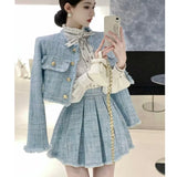 Bjlxn High Quality Tassel Design 2-Piece Sets Women Tweed Autumn New Solid Outfits Long Sleeve Short Jacket Coat + Pleated Skirt Suits