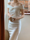 Bjlxn French Elegant Women Wedding Party Dress Fashion Vintage Slash Neck Sheath Robe Female Sundress Retro Evening Dress Vestido