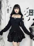 Bjlxn Y2k Streetwear Black T-shirt Women Vintage Mall Gothic Cyber Punk Off The Shoulder Lace Patchwork Long Sleeve Tee Tops