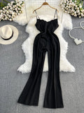 Bjlxn Women Elegant Black Playsuits Summer Sexy V-neck High Waisted Jumpsuit Female Loose Flared Wide Leg Long Pants Romper