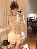 Bjlxn French Vintage 2-piece Set Tweed Lace Patchwork Single Breasted Coat Ruffles Cake Mini Skirt Korean Fashion Autumn Outfits New