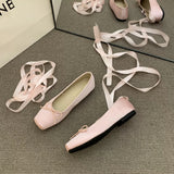 Bjlxn Elegant Flower Bow Ankle Strap Ballet Flats Square Toe Design Lolita Shoes Light Comfortable Cute Shoes Ballerina Ladies Casual