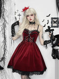 Bjlxn Christmas Gothic Red Dress Women Y2k E-girl Aesthetic Hotsweet Lace Patchwork Spaghetti Strap High Waist Velvet Dress