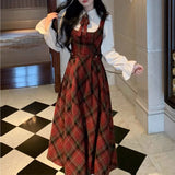 Bjlxn French Vintage Two-piece Dress Set Women Flare Sleeve Shirt Red Plaid Strap Dress A-line Autumn Winter New Christmas Party Dress