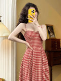 Bjlxn Elegant Plaid Midi Dress Women French Vintage Spaghetti Strap A-line Spring Summer Holiday Beach Style Prom Robe Vestidos Mujer