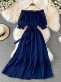 Bjlxn Beach Dress Women Sexy Off The Shoulder Slash Beach Chiffon Dresses Ladies Elegant A Line Bandage Party Dress Long Robe