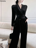 Bjlxn Women Spring New Elegant Long Sleeve Vintage Velvet Bodycon Jumpsuit Office Lady Casual Slim Clothing