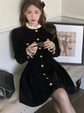 Bjlxn Autumn Black Velvet Dresses for Women Long Sleeve Single Breasted Evening Party Dress Korean Fashion A-line Vestido Mujer New