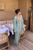 Bjlxn Crochet Colorful Stripe Maxi Dress Women Flare Sleeve V-neck High Split Sexy Long Dresses  New Autumn Beach Banquet Vestidos