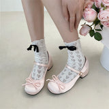 Bjlxn New Thick Heel Shoe Elegant Bow Lolita Shoes College Girls High Heels Pumps Fashion Women Sandals Dancing Shoes Mary Janes Shoes