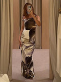 Bjlxn - Collar Print Maxi Dress Women Slim Sexy Hip Wrap Sleeveless Summer Fashion Lady Beach Banquent Bodycon Long Dress