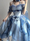 Bjlxn - Blue Flower Wedding Dress College Dress Dress Lolita Heavy Industry Trailing Umbrella Princess Party Birthday Dress for Women