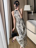 Bjlxn Summer New Vintage Print Sleeveless Midi Dresses for Women Fashion Slim Female Vestdios Lady Elegant Party Bodycon Clothing