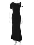 Bjlxn - Black Long Dress Female Slim High Waist Off-Shoulder Fashion Elegant Evening Partywear Dress Solid One-Shoulder Maxi Dress