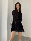 Bjlxn Backless Black Dress Women Elegant Back Hollow Out Lace-up Long Sleeve Mesh Patchwork Sexy Slim Ruffle Mini Dress Party