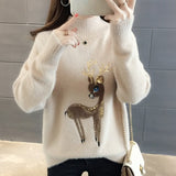 Cute Women Sweater Korean Reindeer Ugly Christmas Sweater Winter Warm Sweaters Fluffy Cashmere Jumper Turtleneck Pullover