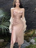 Bjlxn Sexy Satin Midi Dress Women New Summer Spaghetti Strap Slim Swinging Collar Split Evening Party Dresses Prom One Piece Vestido