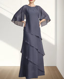 A-Line Mother of the Bride Dress Wedding Guest Elegant Floor Length Chiffon 3/4 Length Sleeve  with Cascading Ruffles 2024