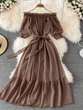 Bjlxn Beach Dress Women Sexy Off The Shoulder Slash Beach Chiffon Dresses Ladies Elegant A Line Bandage Party Dress Long Robe