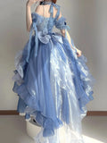 Bjlxn - Blue Flower Wedding Dress College Dress Dress Lolita Heavy Industry Trailing Umbrella Princess Party Birthday Dress for Women