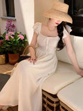 2024 Summer Elegant Women Sweet Party Midi Holiday Dresses Casual Female Lace Up Robe