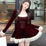 Bjlxn Autumn French Vintage Velvet Dresses For Women Lace Patchwork Square Collar Long Sleeve Ruffles A-line Korean Fashion Vestidos