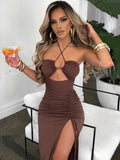 Hot Summer Sexy Halter Backless Sleeveless Cut Out Maxi Dress for Women Elegant Club Party Slit Dresses Vestido