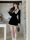 Bjlxn Woman Winter Spring New Elegant Velvet Patchwork Mini Dresses Lady Party Fashion One Piece Clothes