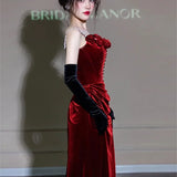 Bjlxn Velvet toasting dress with strap Wine red Rose Fish Tail Banquet small train