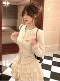 Bjlxn French Vintage 2-piece Set Tweed Lace Patchwork Single Breasted Coat Ruffles Cake Mini Skirt Korean Fashion Autumn Outfits New