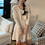 Bjlxn Korean Fashion Two-piece Set Women Pullover Turn-down Collar Crop Top Mini Skirt Solid Casual Suit Autumn New Knitwear Outfits