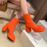 Bjlxn 2024 New Women Ankle Boots Basic Genuine Leather Zipper Round High Heels Platforms Ladies Shoes Black Beige Orange