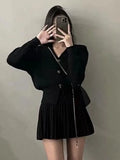 Bjlxn Casual Knitted 2 Piece Set Single Breasted V-neck Top + High Waist Mini Pleated Skirt Autumn Spring Korean Fashion Solid Outfits