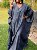 Bjlxn Loose Fit Denim Imitation Dress Batwing Sleeve V Neck Plain Maxi Dresses Casual Solid Color Floor Length Vestidos